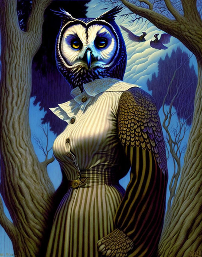 Surreal anthropomorphic owl in formal attire in moonlit forest