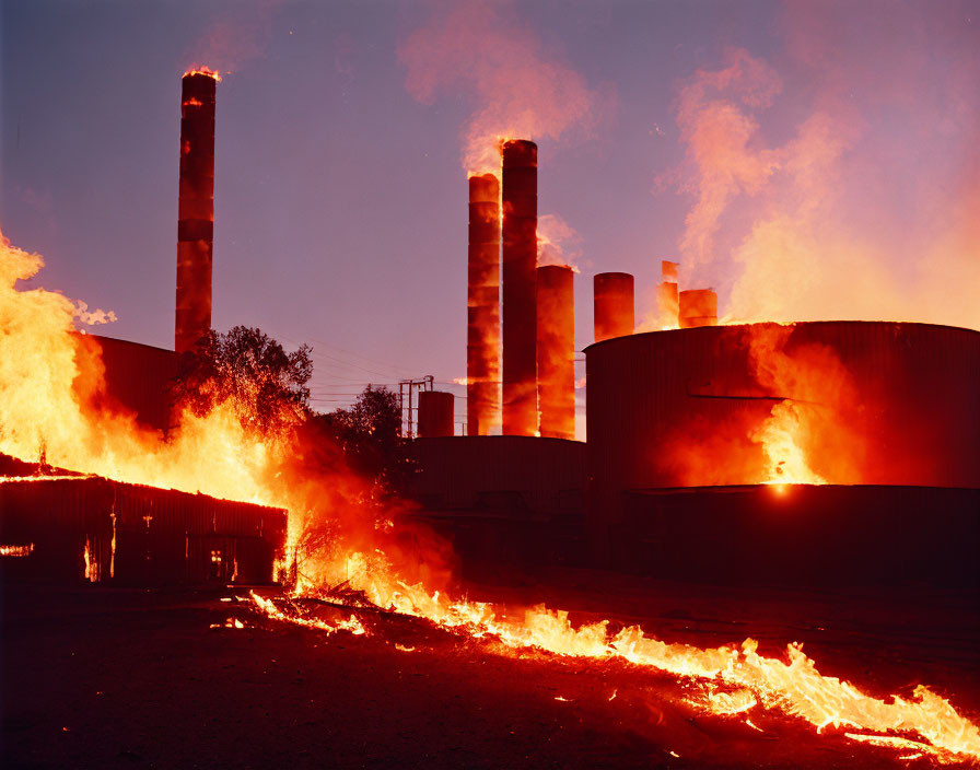 Massive industrial facility ablaze at night with storage tanks and smokestacks against colorful sky