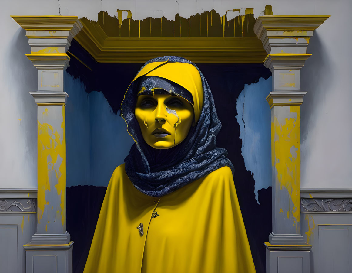 Person in yellow face paint standing against peeling yellow wall