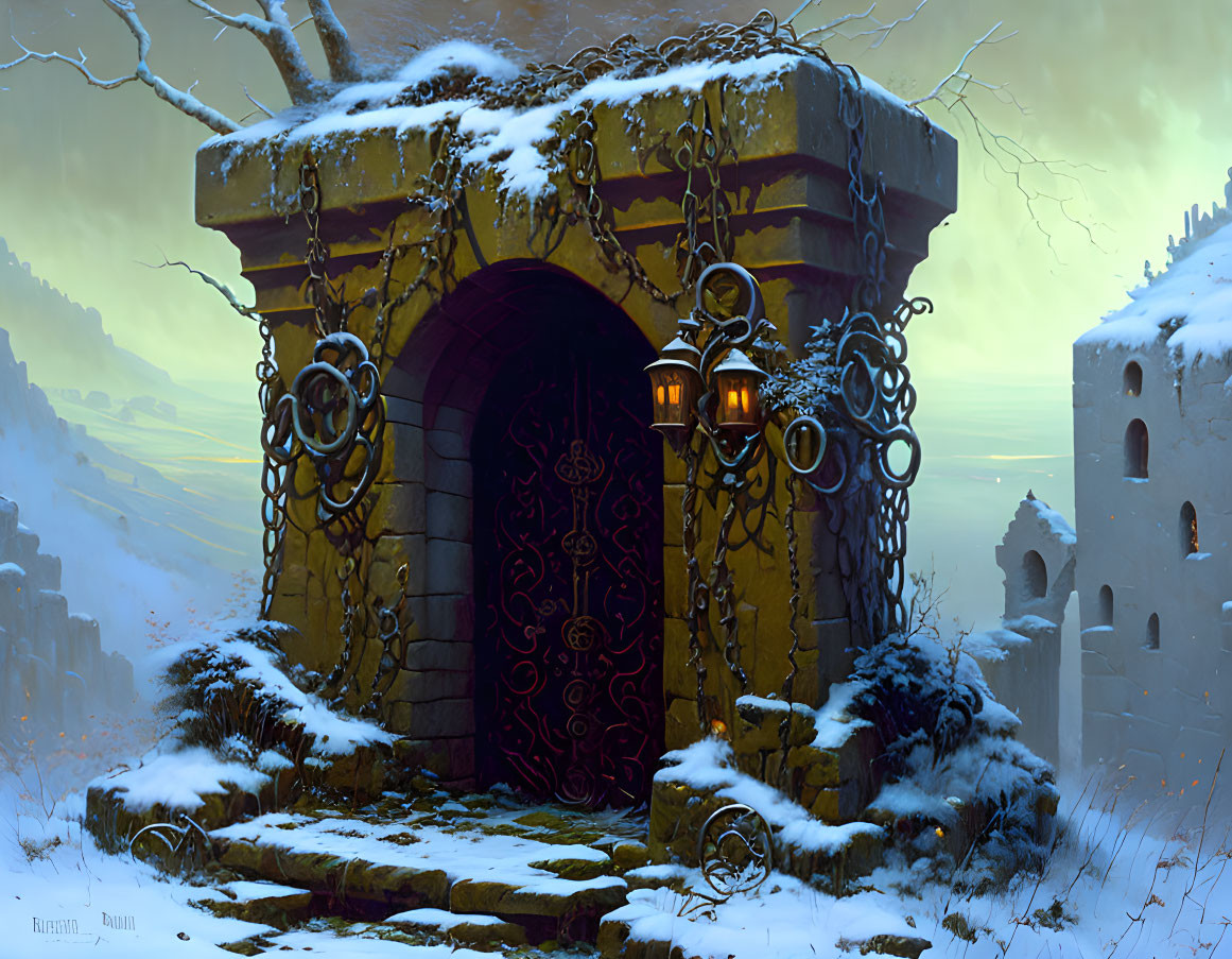 Ancient stone doorway with chains and lanterns in snowy landscape