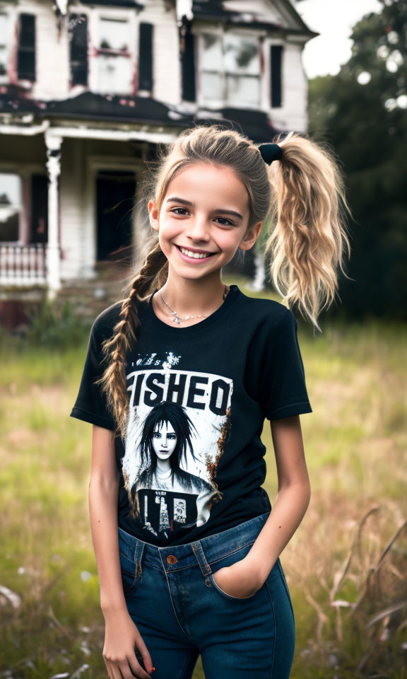 Young girl in ponytail at old house in black T-shirt & blue jeans