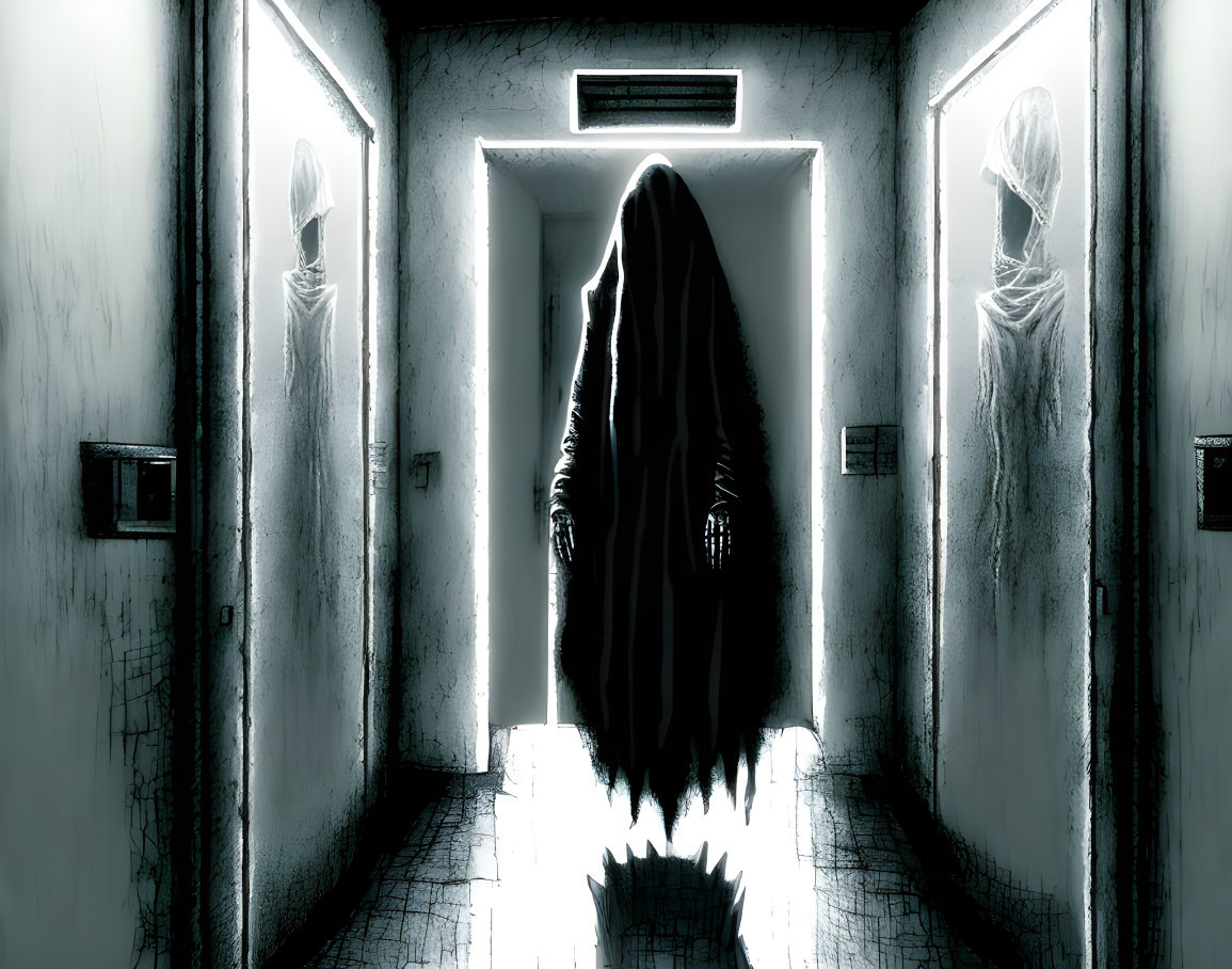 Mysterious cloaked figure in dark corridor with shrouded entities