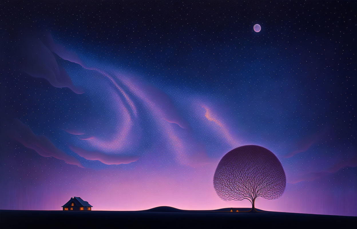 Purple-hued night sky with full moon, lone tree, distant house.