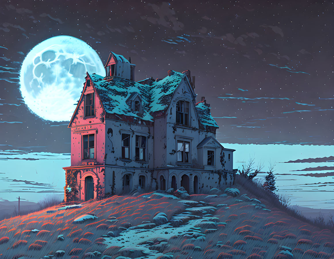 Desolate abandoned house on hill under full moon