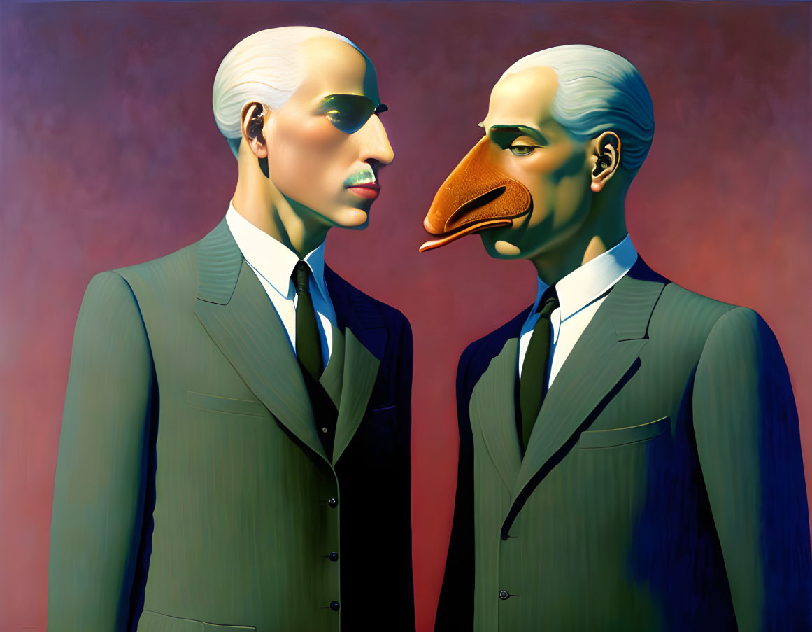 Stylized figures with exaggerated features in suits against gradient backdrop