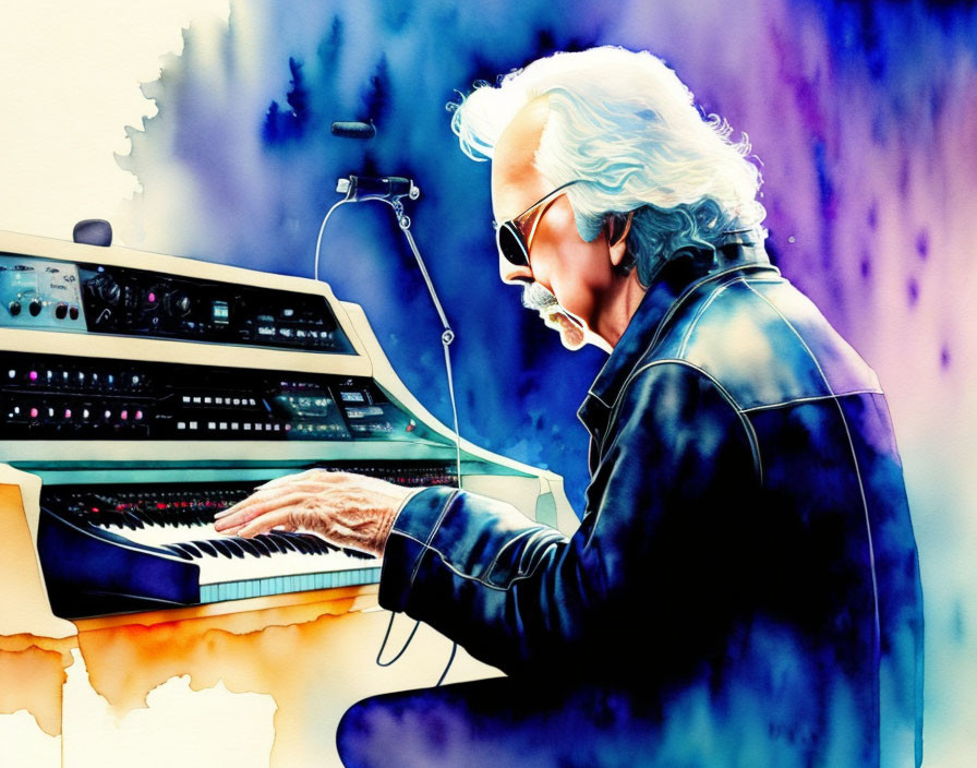 Elderly Man Playing Synthesizer in Abstract Watercolor Scene