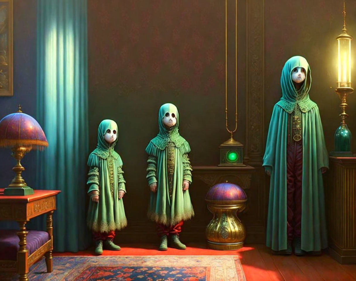 Three characters with oversized heads and capes in a Victorian-style room with ornate furniture and teal curtains