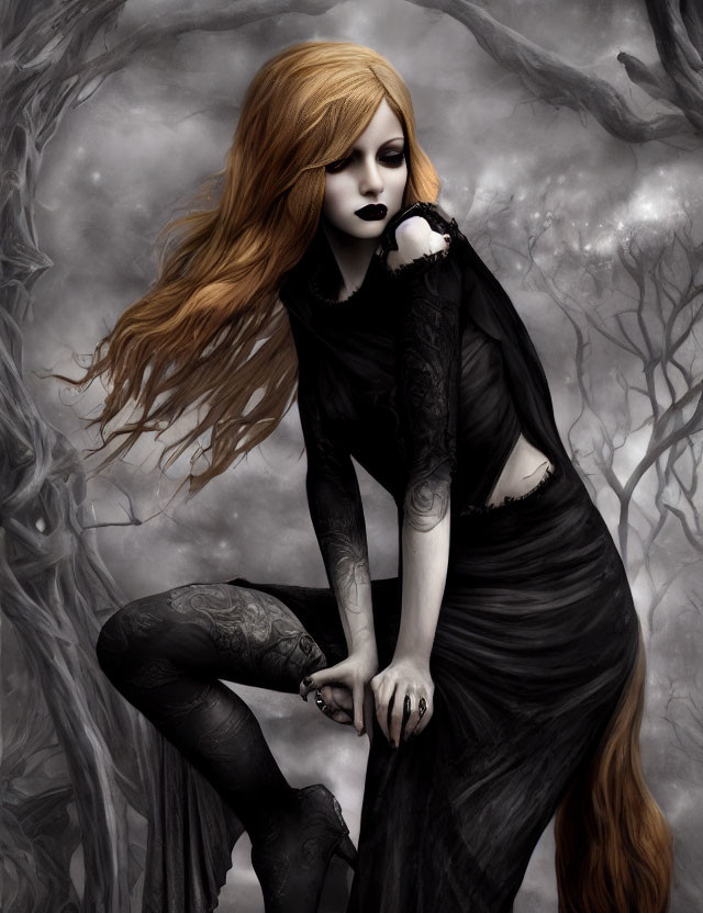 Gothic figure with red hair in black attire in monochrome forest