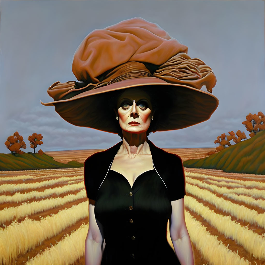 Illustration of woman in large brown hat and sunglasses in stylized field.