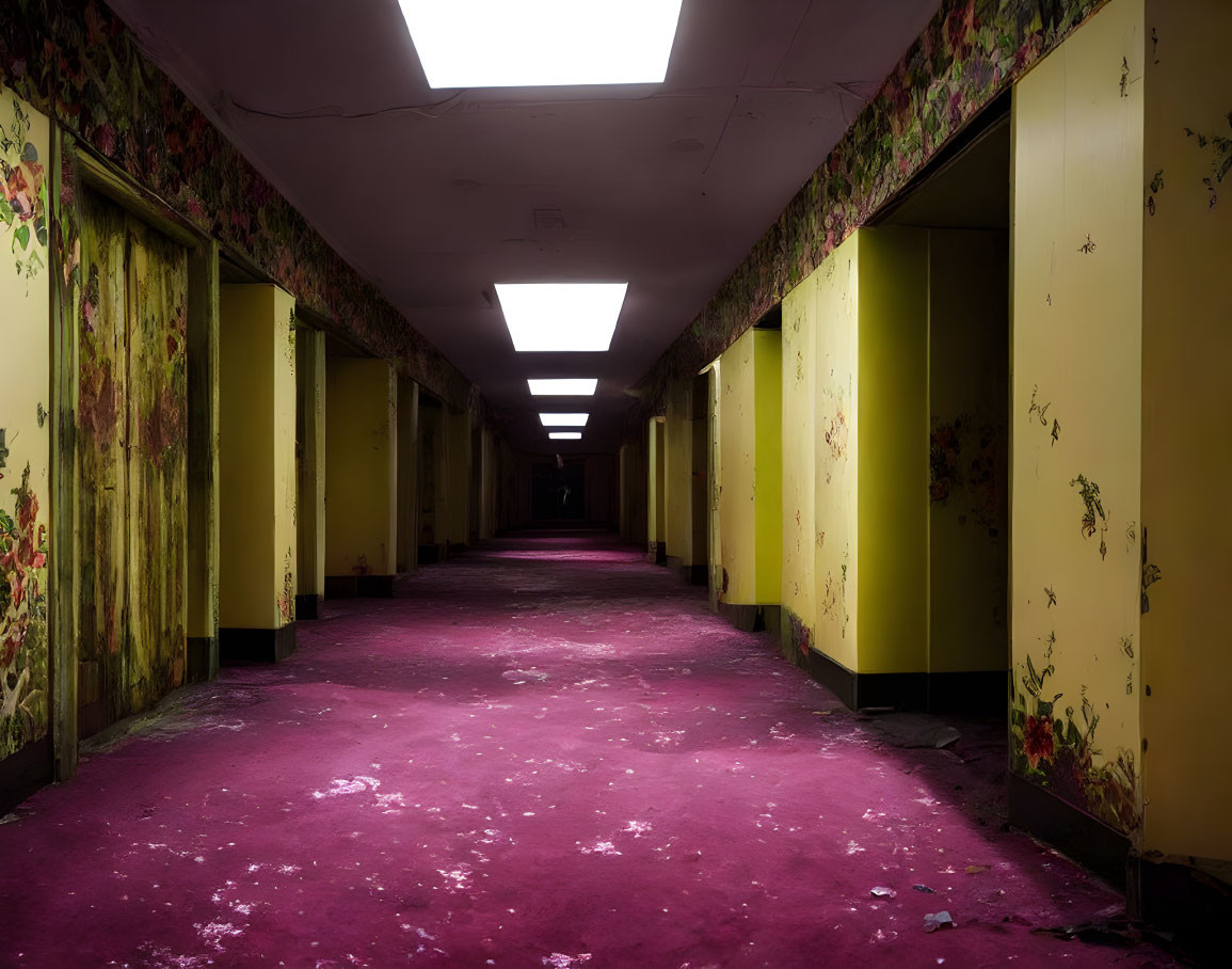 Abandoned corridor with peeling floral wallpaper and yellow doors