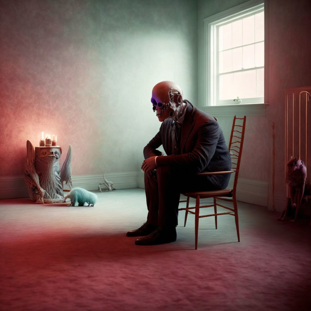 Person in Skull Mask with Headphones in Surreal Pink Room