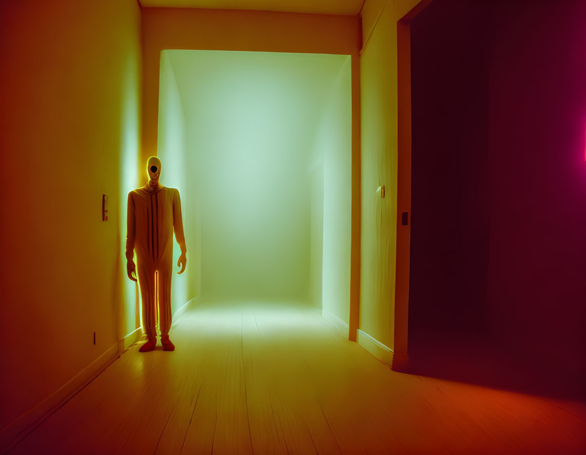 Glowing humanoid figure in dimly lit corridor with warm hues