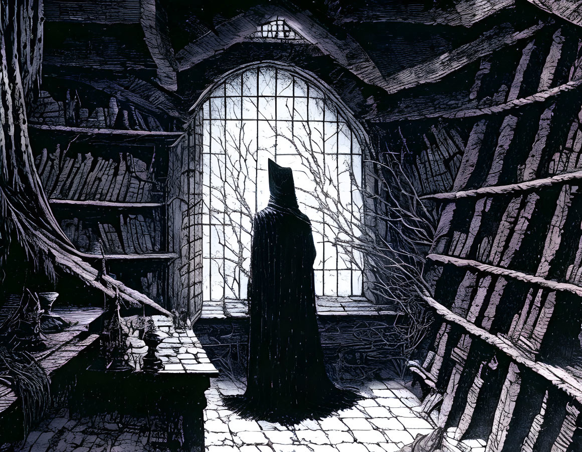 Cloaked figure in dimly lit gothic library with towering bookshelves