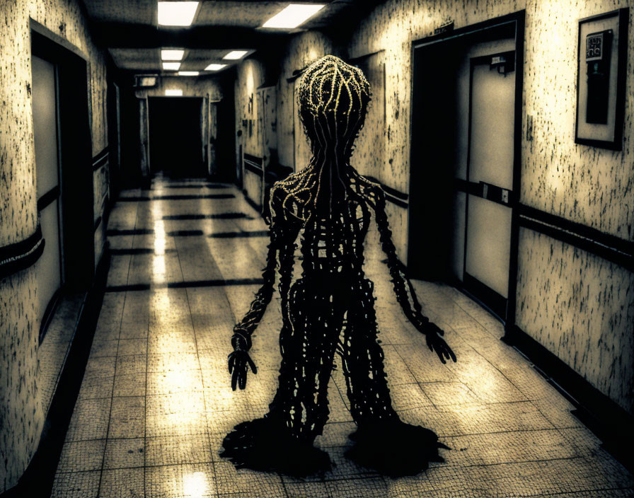 Elongated Limbs, Intertwined Head in Dimly Lit Corridor