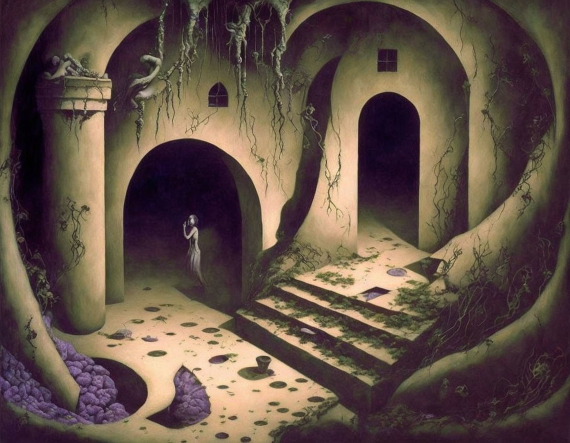 Surrealist landscape with archways, figure in white, winding stairs, and overgrown vines