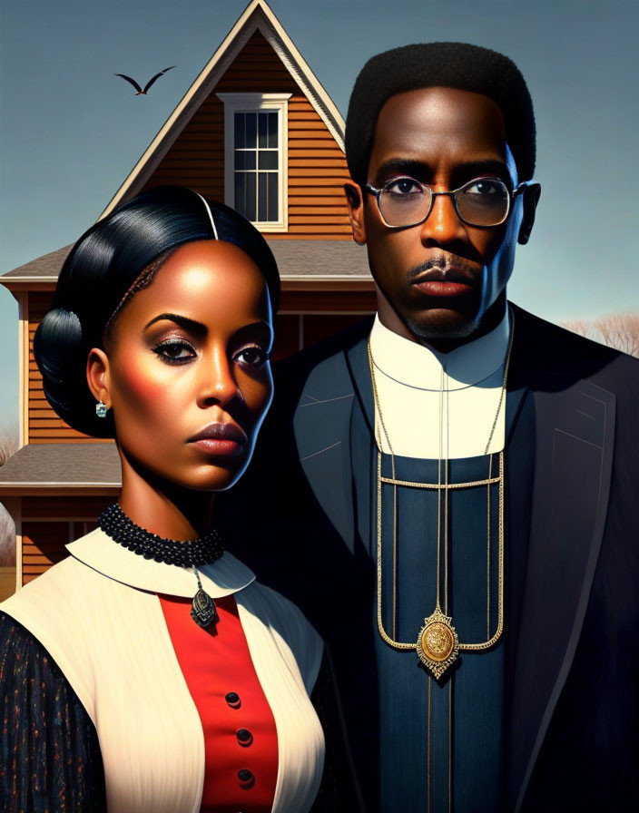 Vintage dressed man and woman in front of a house with formal attire and glasses