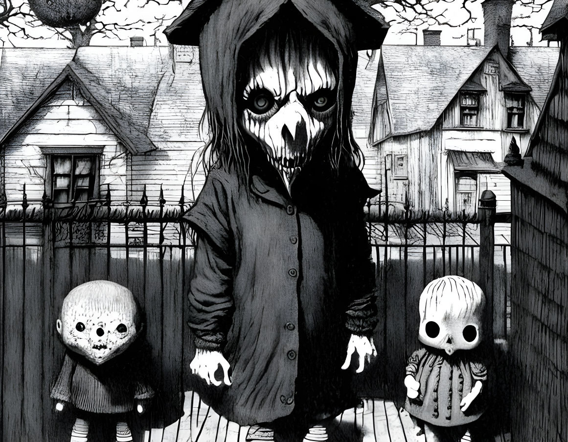 Monochrome illustration of hooded figure with skull face and masked figures in urban setting