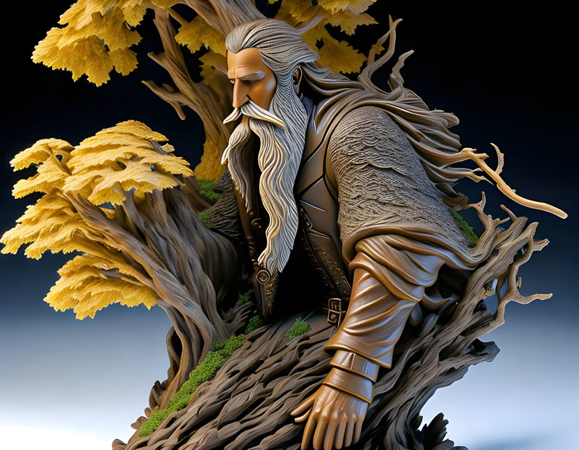 Elderly man figurine merged with tree, autumn leaves, tranquil scene