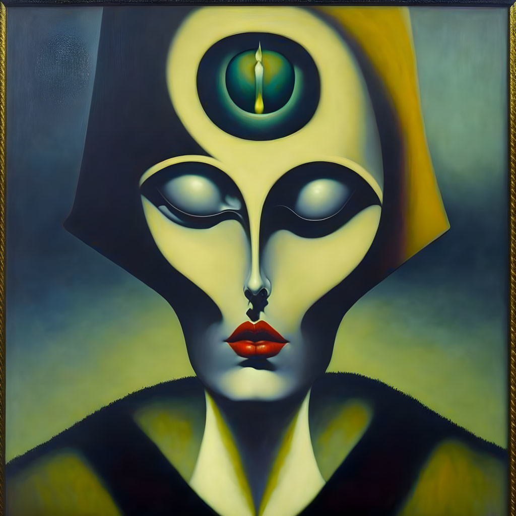 Surreal portrait: elongated face, cyclopean eye, red lips, exaggerated features,