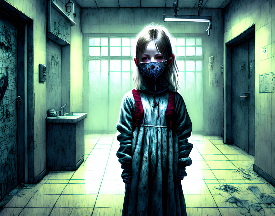 Girl in mask in dim corridor with graffiti, fluorescent lights, and sink