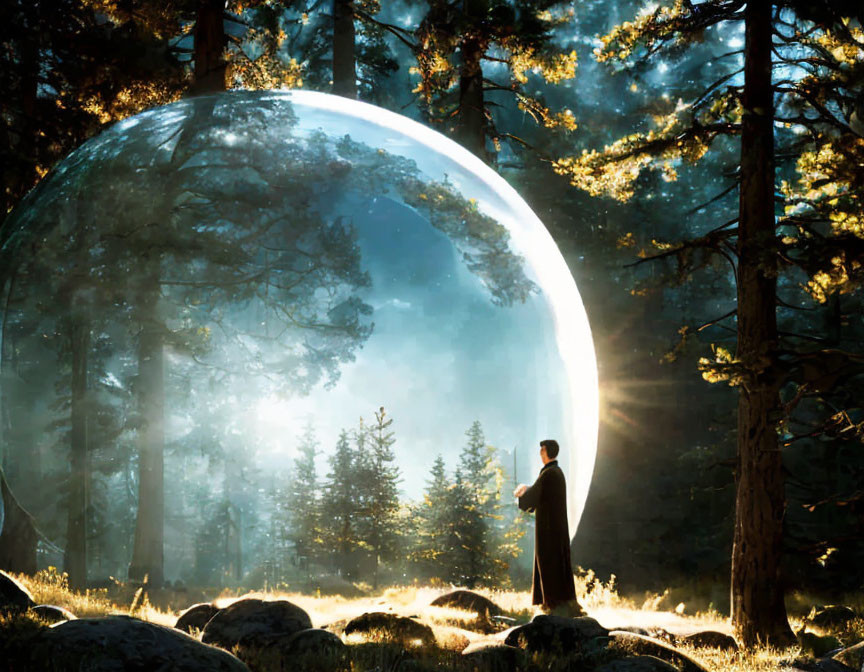 Person in mystical forest gazes at large transparent bubble around towering tree