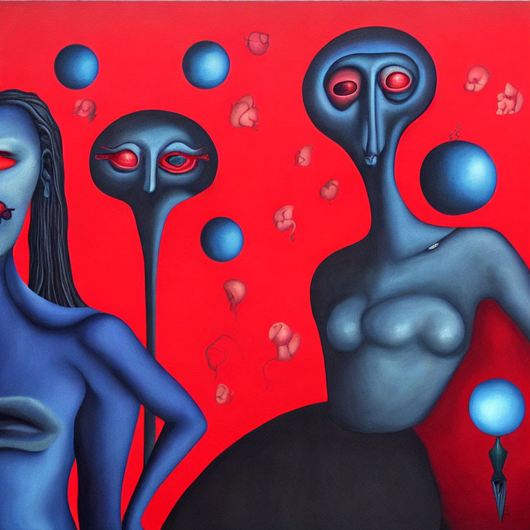 Surreal Blue Figures in Alien-Like Faces on Red Background