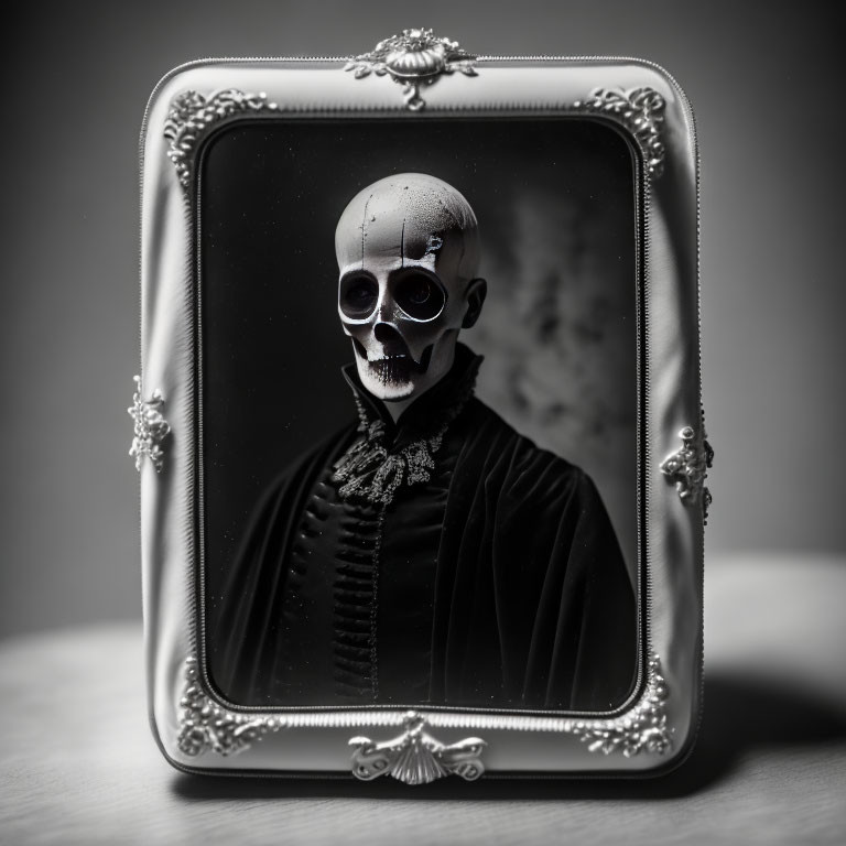 Monochrome skull in dark attire framed in gothic style