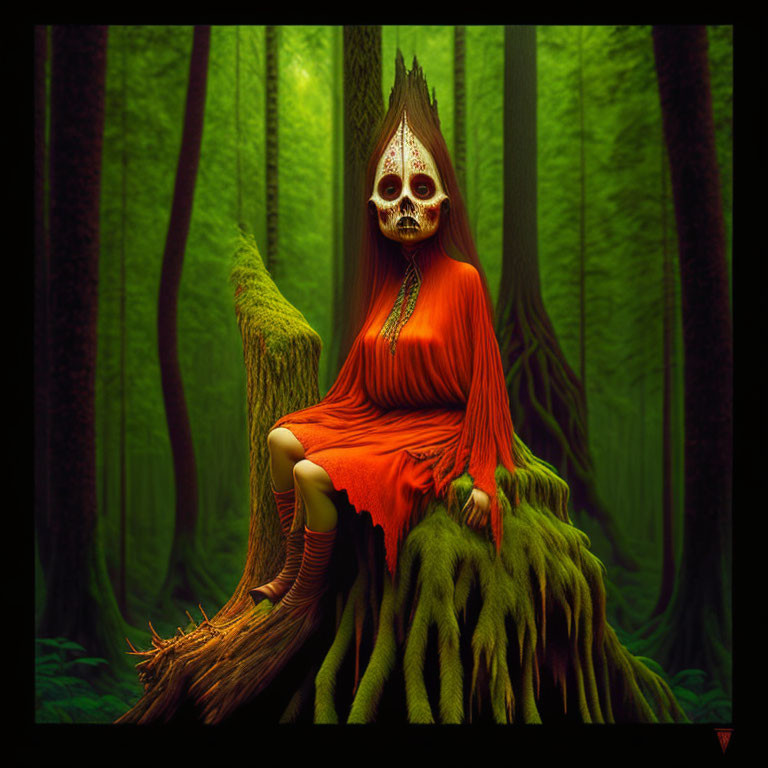 Skull-faced figure in orange robe on tree stump in misty forest