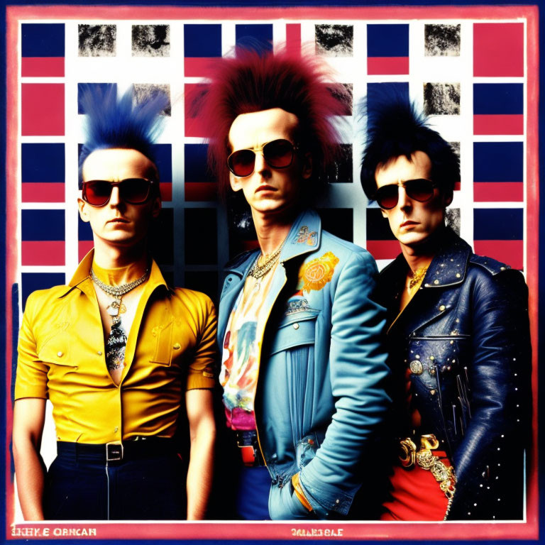 Colorful punk trio with vibrant mohawks on checkered backdrop