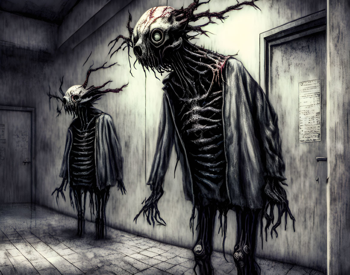 Elongated skeletal creatures in dimly-lit hallway