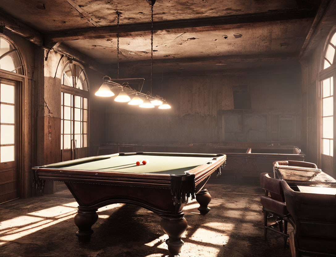 Dusty billiards room with worn furniture and large windows