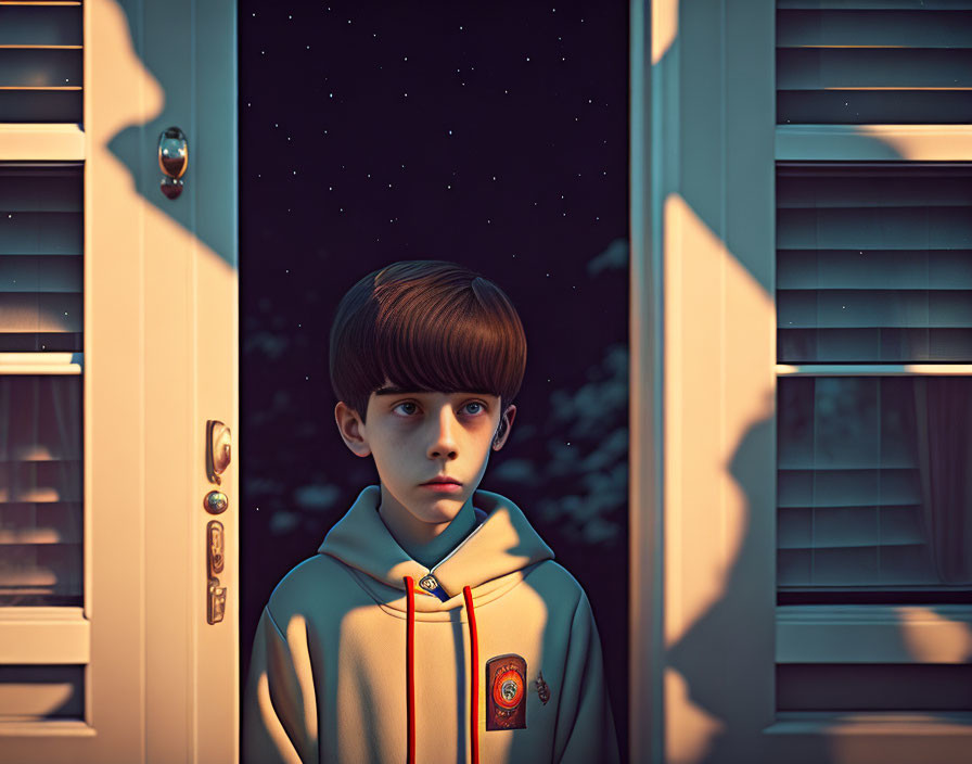 Young boy with bowl haircut in hoodie gazes under starry sky