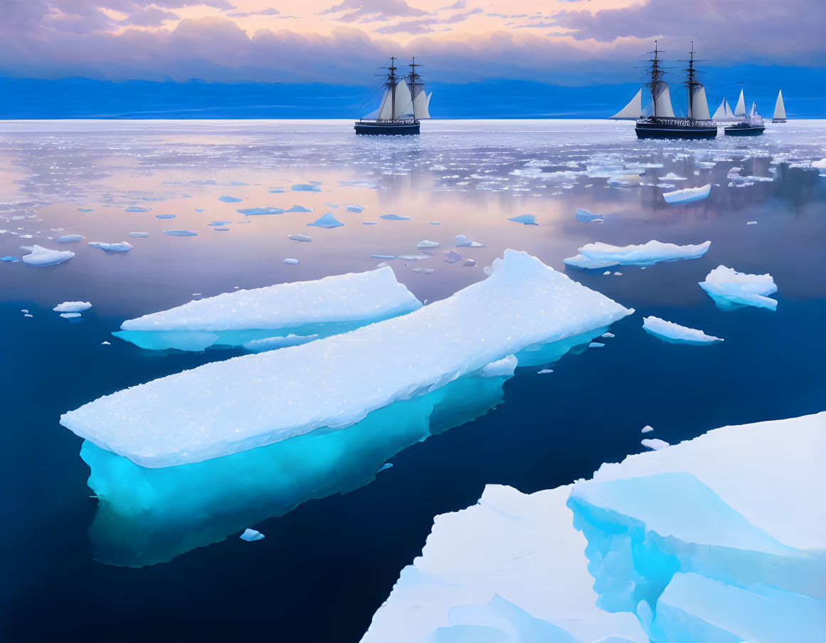 Sailing ships navigating icy waters with floating icebergs at dusk