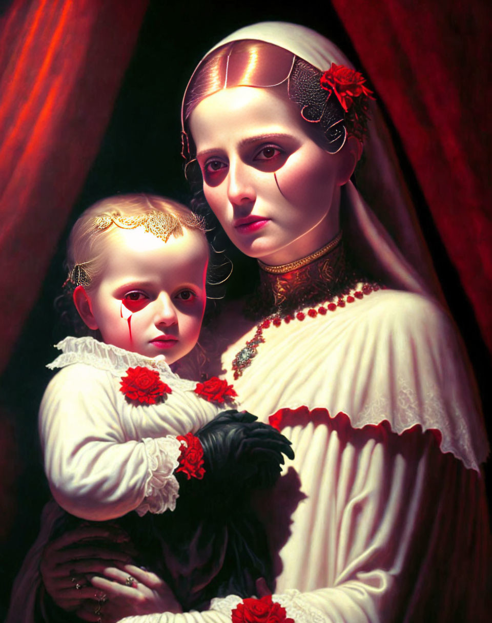 Woman and child in ornate attire against red backdrop