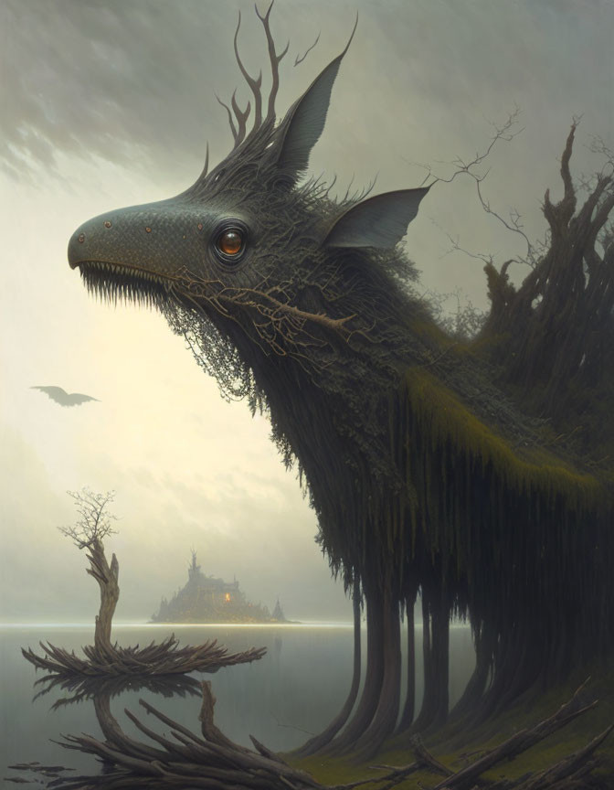 Fantastical tree-like creature by misty lake with eerie castle