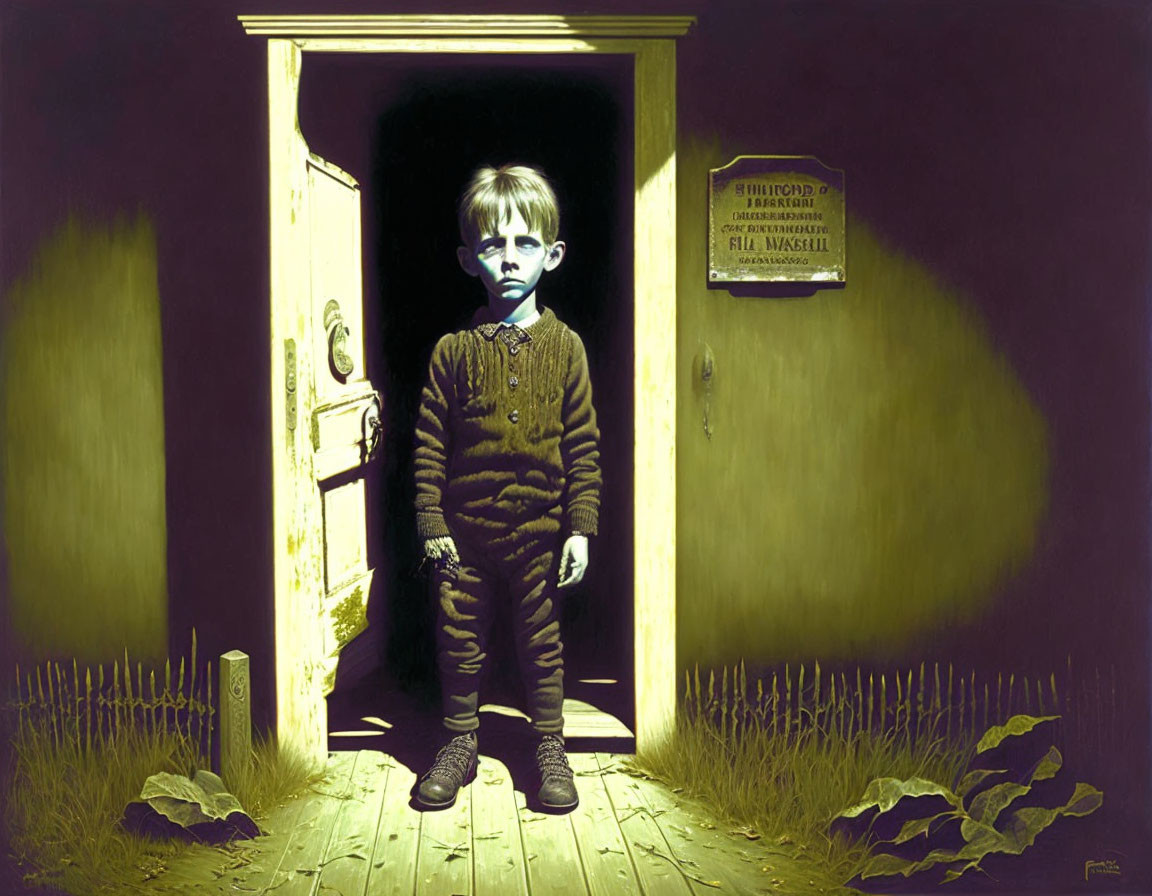 Young boy in doorway illuminated by bright light against dark background