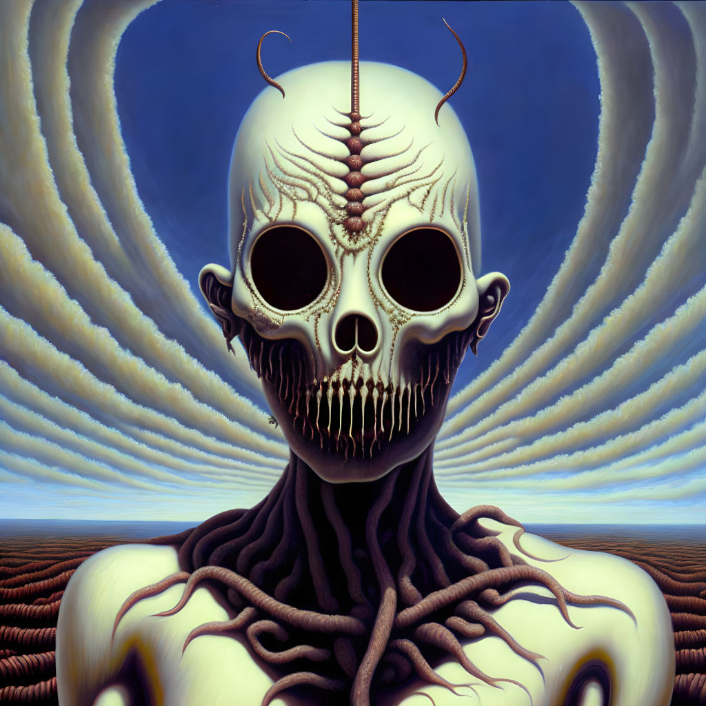 Surreal painting of skull with horns and tree-like neck tendrils against swirling sky