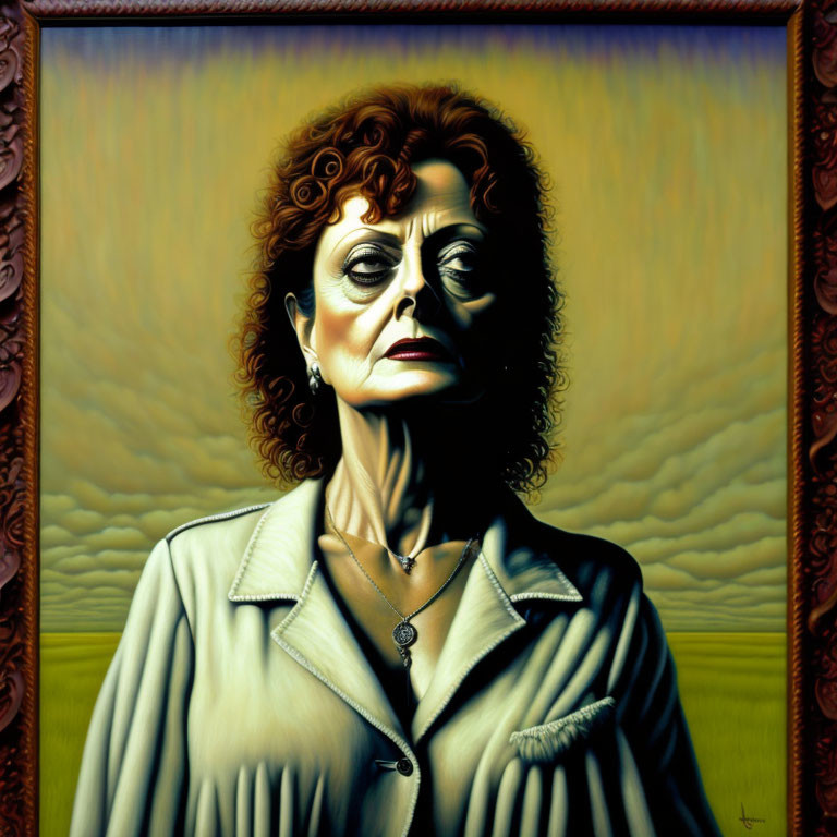 Stern Woman with Reddish Hair in Oil Painting