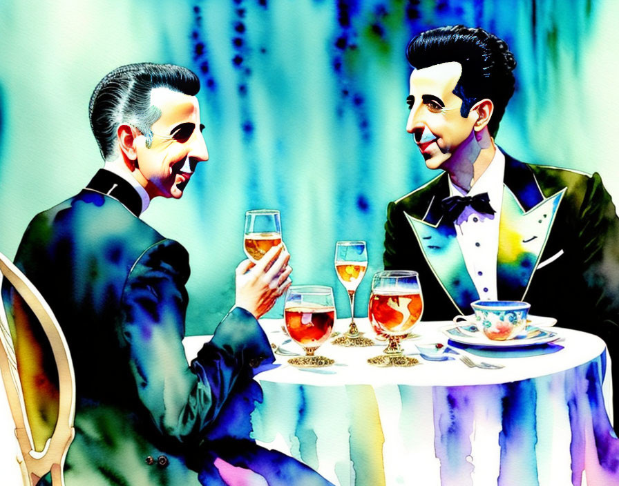 Exaggerated animated men toasting wine at elegant table