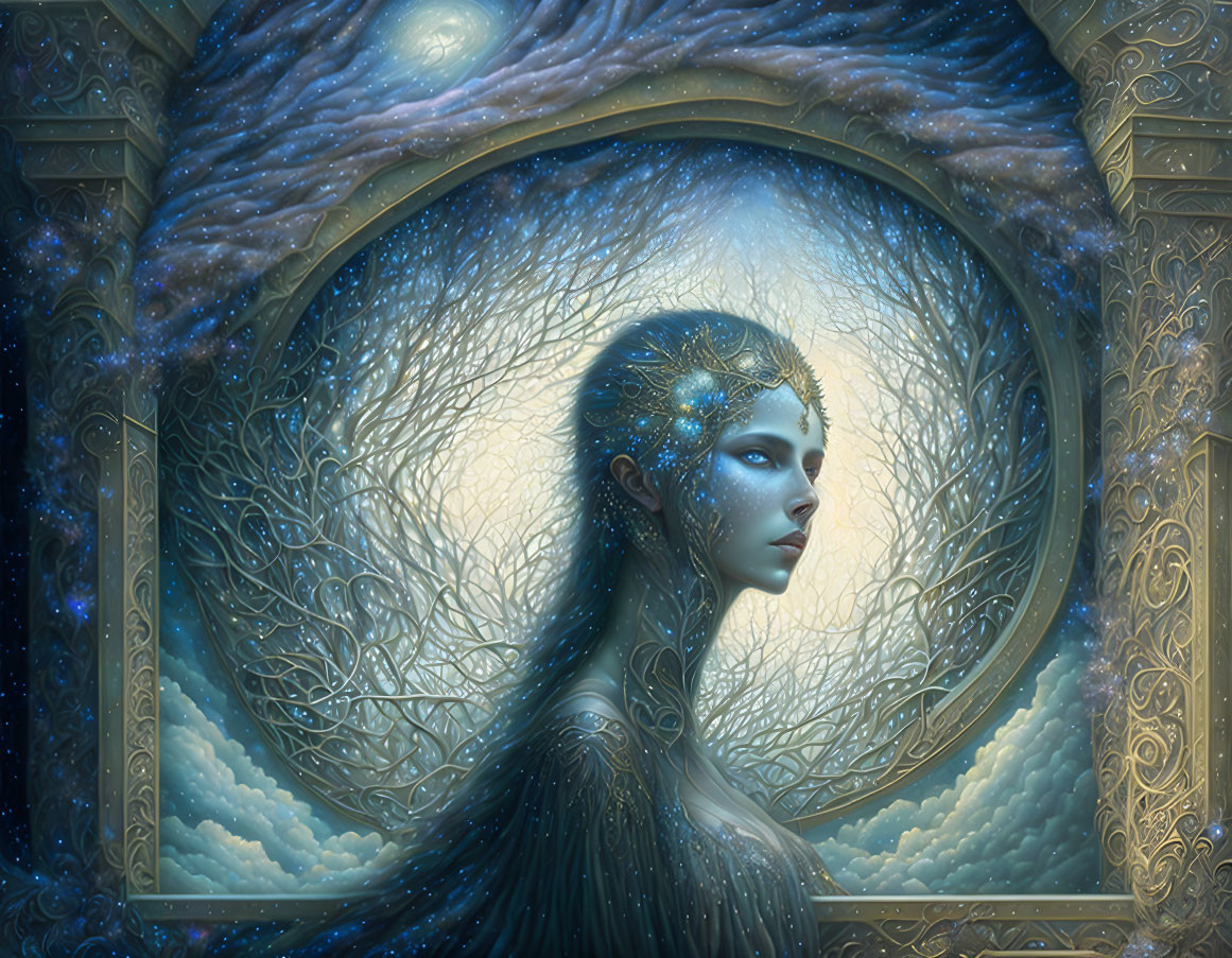 Fantastical female figure with starry hair and cosmic backdrop.