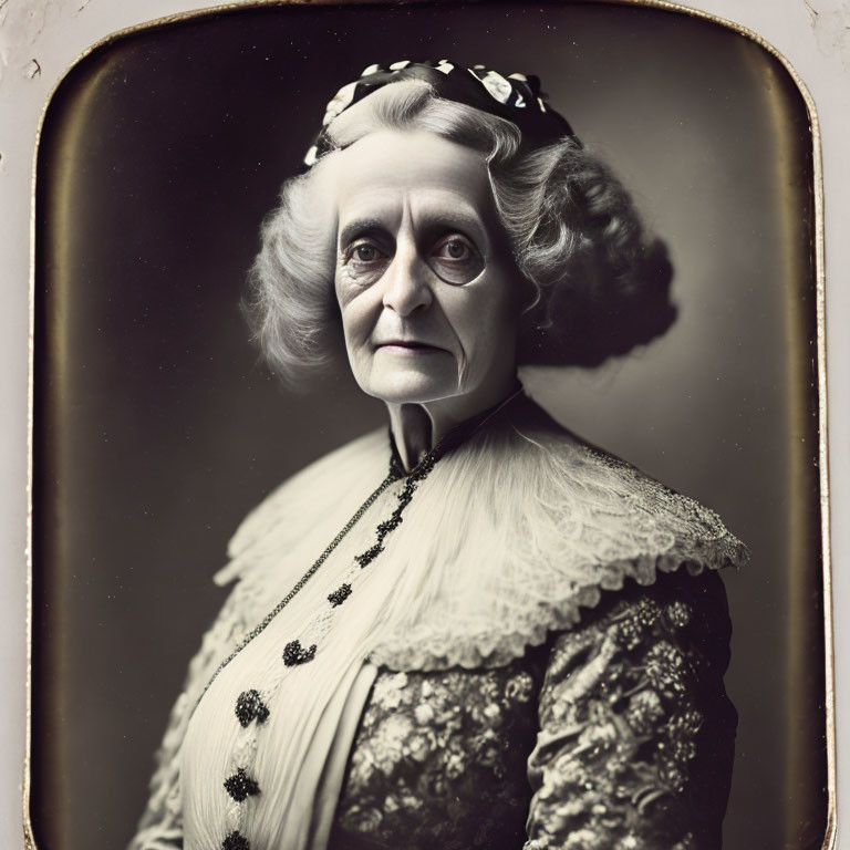 Vintage Portrait of Older Woman in Dark Dress with Lace Collar