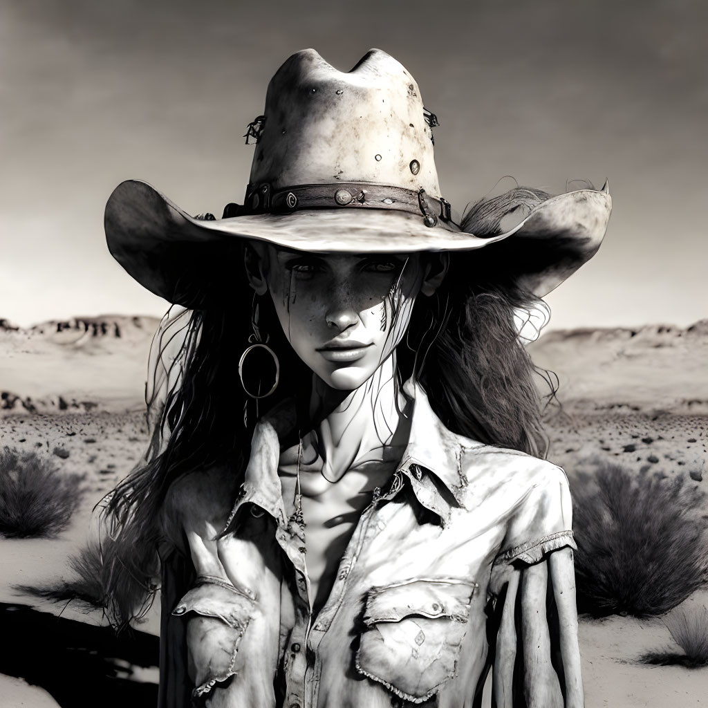 Monochrome cowboy hat person in desert landscape