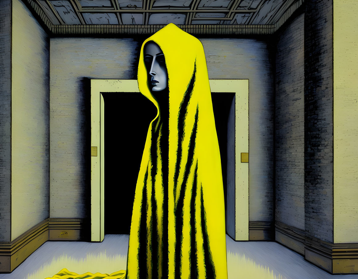 Bright yellow draped figure in room with patterned walls and stripe-like shadows