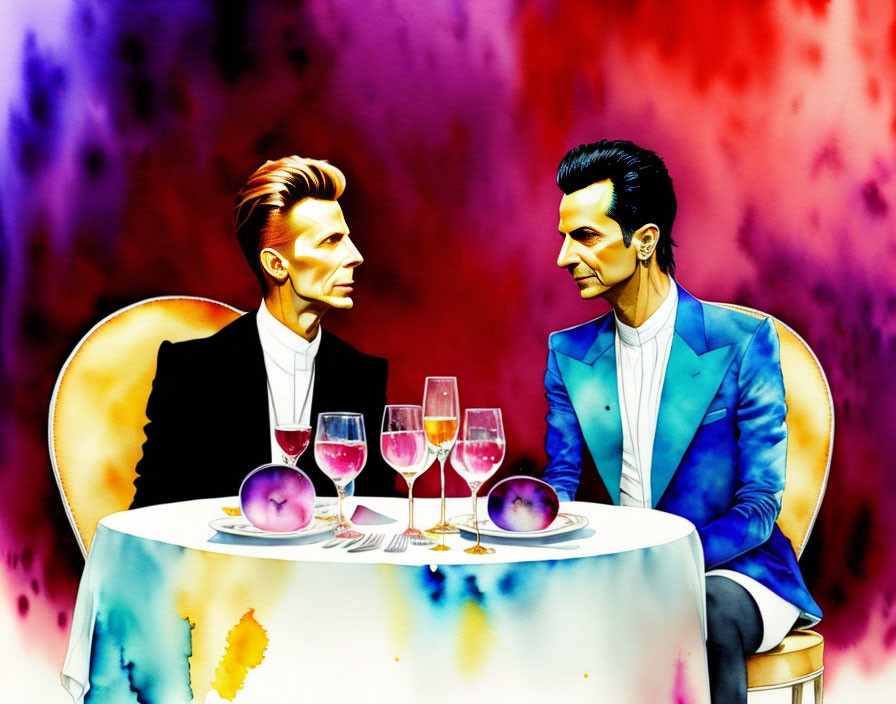 Vibrant Watercolor Illustration of Two Men at Dining Table