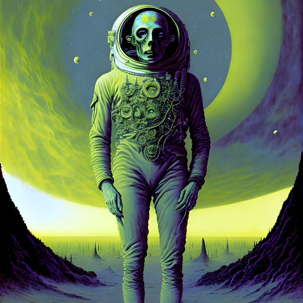 Skull-faced astronaut on alien planet with yellow skies