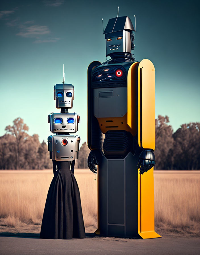 Stylized robots in a field: humanoid, toy-like, and hovering with a crown.