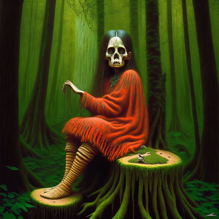 Skull-headed figure in orange robe on tree stump in misty forest