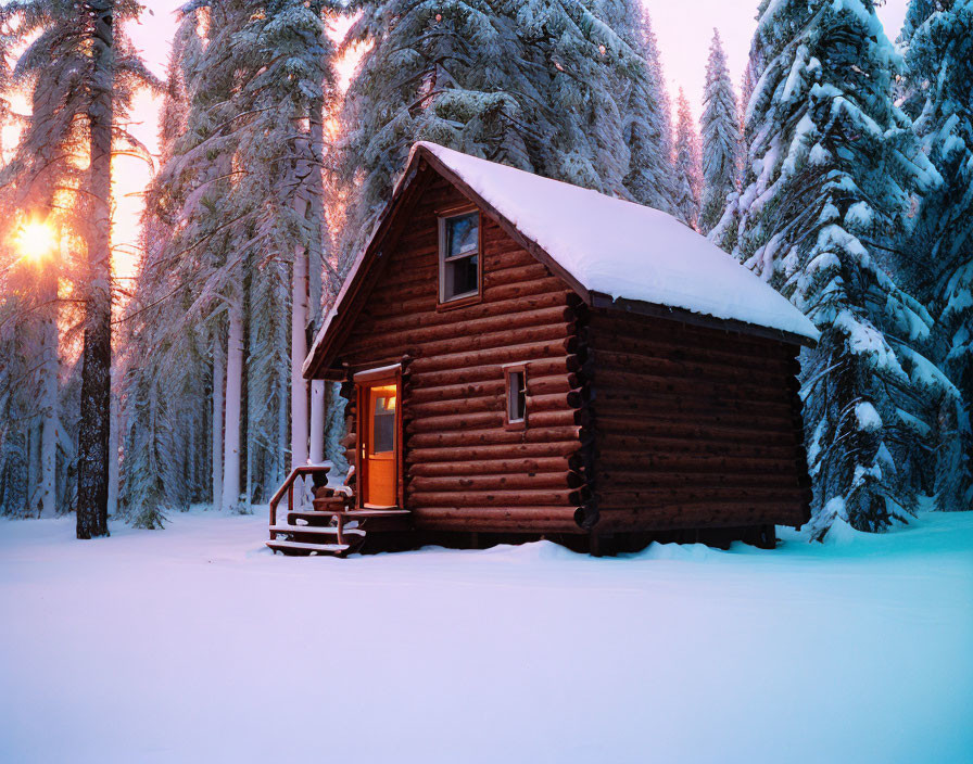 Snow-covered log cabin in a winter forest with frost-covered trees