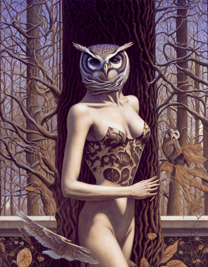 Surrealist artwork: Woman with owl head in wooded setting