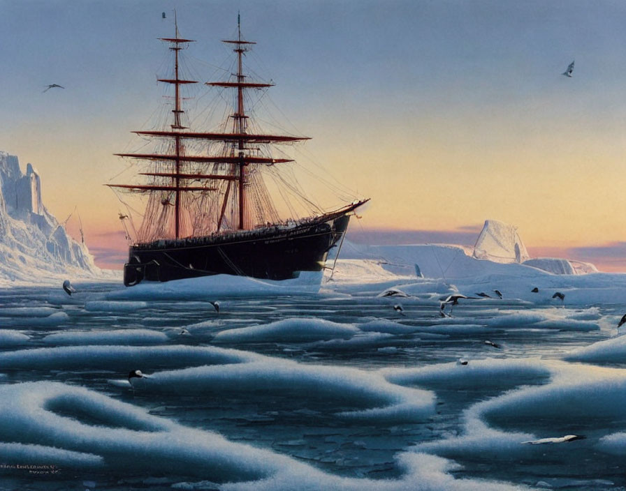 Tall ship in frozen seascape with ice floes and seabirds